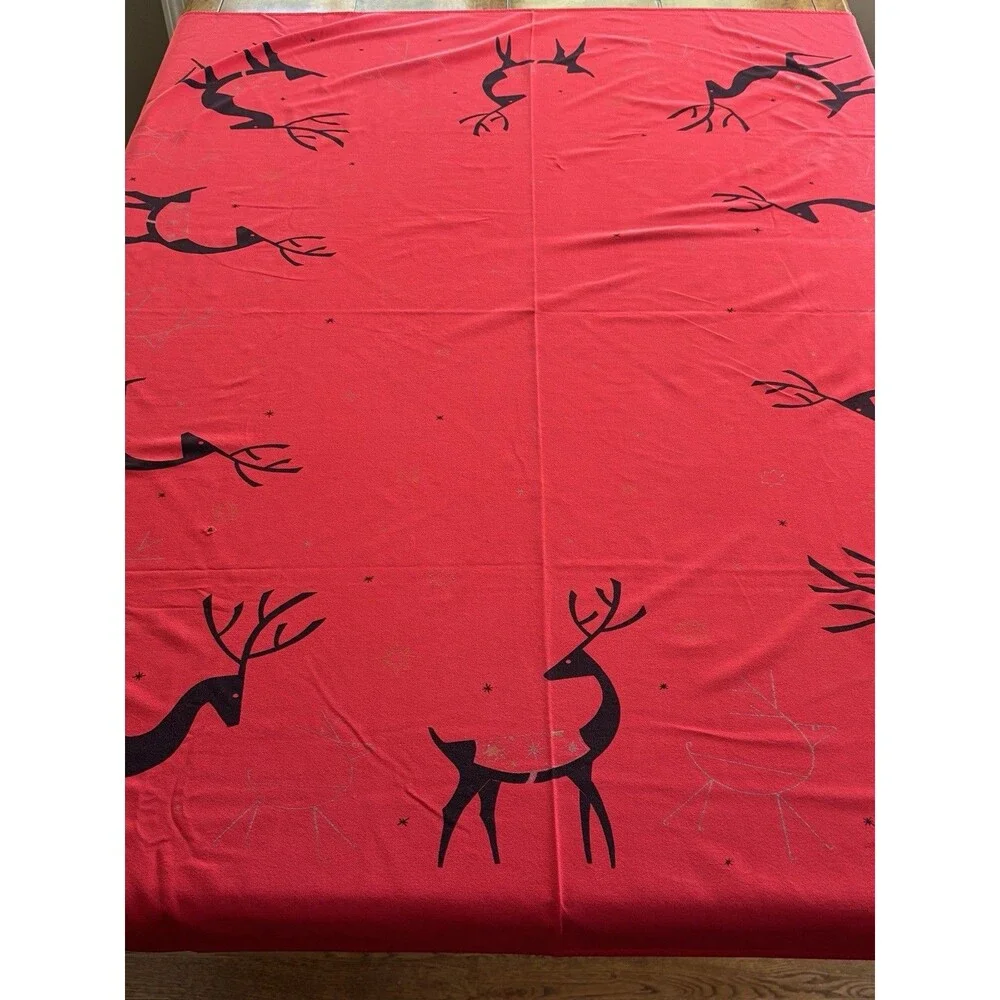 California Hand Prints 50/60s Red Christmas Tablecloth Atomic Reindeer 52x64 MCM